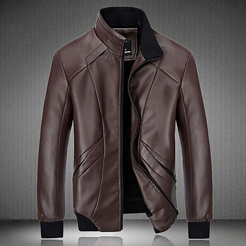 

Men's Leather Jackets Solid Colored Winter Jacket Regular Daily Long Sleeve Leatherette Coat Tops Black