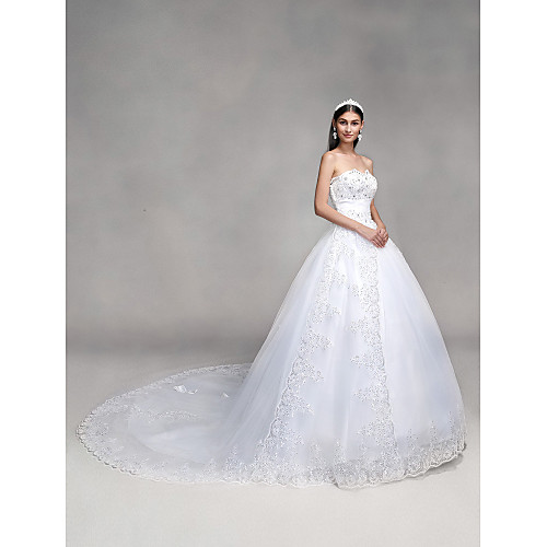 

Ball Gown Wedding Dresses Sweetheart Neckline Sweep / Brush Train Tulle Over Lace Strapless Country Glamorous Sparkle & Shine Backless with Bowknot Beading Sequin 2021
