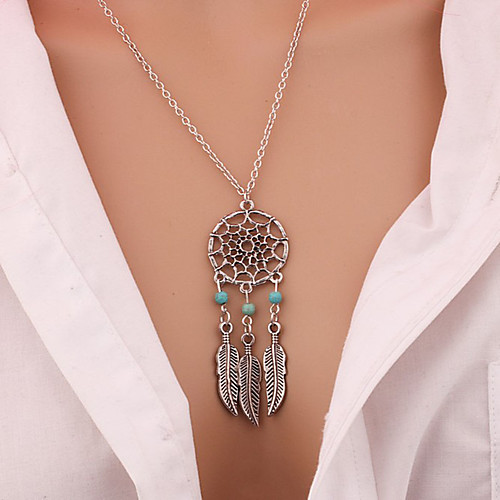 

Women's Turquoise Pendant Necklace Long Necklace Tassel Fringe faceter Leaf Wings Feather Dream Catcher Tassel Bohemian Fashion Vintage Gold Plated Turquoise Alloy Silver Necklace Jewelry For