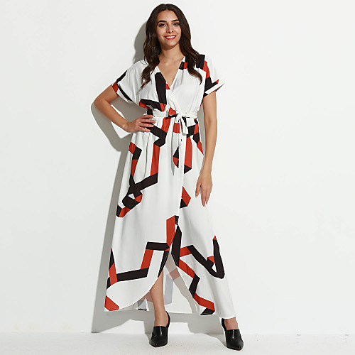 

Women's Swing Dress Maxi long Dress White Short Sleeve Split Print Summer Shirt Collar Streetwear S M L XL