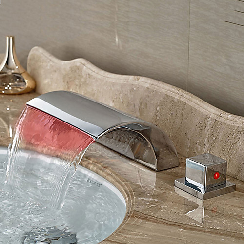 

Modern Widespread Waterfall LED Ceramic Valve Two Handles Three Holes Chrome, Bathroom Sink Faucet