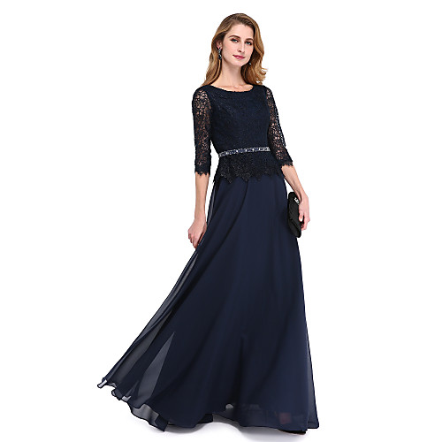 

A-Line Mother of the Bride Dress Elegant Jewel Neck Floor Length Chiffon Lace Bodice 3/4 Length Sleeve with Sash / Ribbon Beading 2021