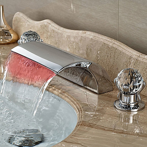 

Contemporary Widespread Waterfall LED Ceramic Valve Two Handles Three Holes Chrome, Bathroom Sink Faucet