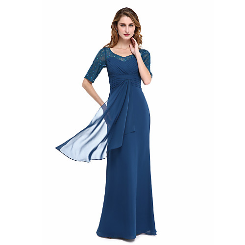 

Sheath / Column Mother of the Bride Dress Elegant V Neck Floor Length Chiffon Lace Half Sleeve with Criss Cross Ruched Beading 2021