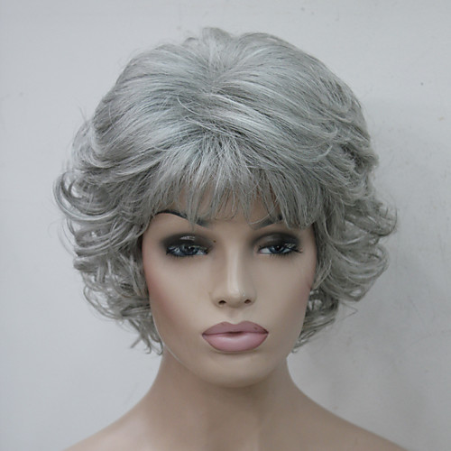 

Synthetic Wig Curly Curly With Bangs Wig Short Grey Synthetic Hair Women's Side Part With Bangs Gray