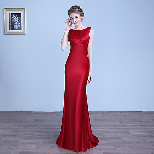 

Mermaid / Trumpet Minimalist Engagement Formal Evening Valentine's Day Dress Jewel Neck Sleeveless Sweep / Brush Train Stretch Satin with Draping 2021