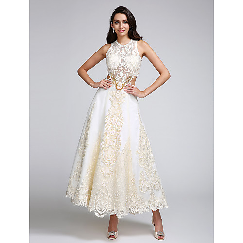 

A-Line Wedding Dresses Jewel Neck Ankle Length Lace Over Satin Regular Straps Casual Boho Sexy Sparkle & Shine See-Through Backless with Lace Appliques 2021