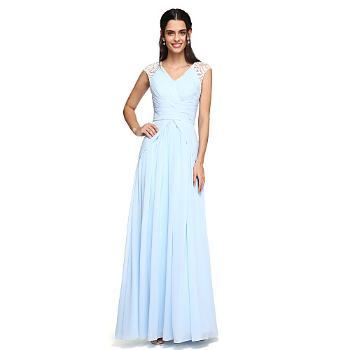 

A-Line V Neck Floor Length Chiffon Bridesmaid Dress with Criss Cross / Ruched / Draping