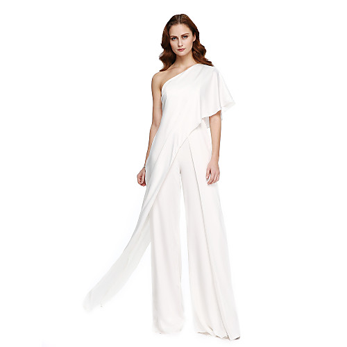 

Jumpsuits White Elegant Wedding Guest Formal Evening Valentine's Day Dress One Shoulder Sleeveless Floor Length Chiffon with Draping 2021