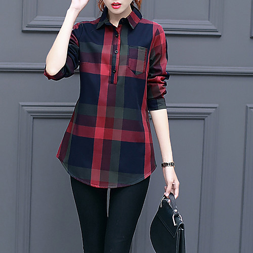 

Women's Shirt Plaid Print Long Sleeve Daily Tops Casual Wine Orange