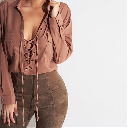 

Women's Shirt Solid Colored Long Sleeve Daily Tops Cotton Army Green Brown