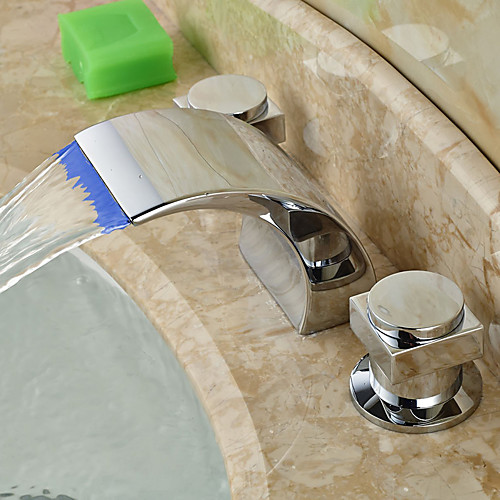 

Contemporary Widespread Waterfall LED Ceramic Valve Two Handles Three Holes Chrome, Bathroom Sink Faucet