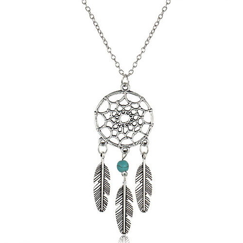 

Women's Turquoise Pendant Necklace Y Necklace Long Necklace Tassel Leaf Wings Flower Feather Dream Catcher Ladies Tassel Vintage Bohemian Gold Plated Turquoise Alloy Silver Necklace Jewelry For