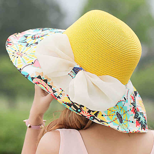 

Women's Holiday Straw Straw Hat-Patchwork Summer Orange Yellow Blue