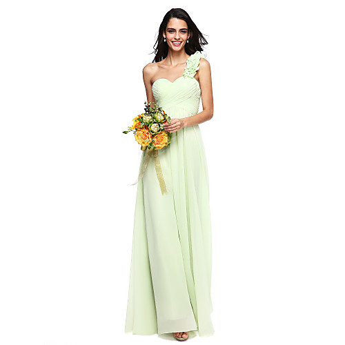 

A-Line One Shoulder Floor Length Chiffon Bridesmaid Dress with Criss Cross / Ruched / Flower / Open Back