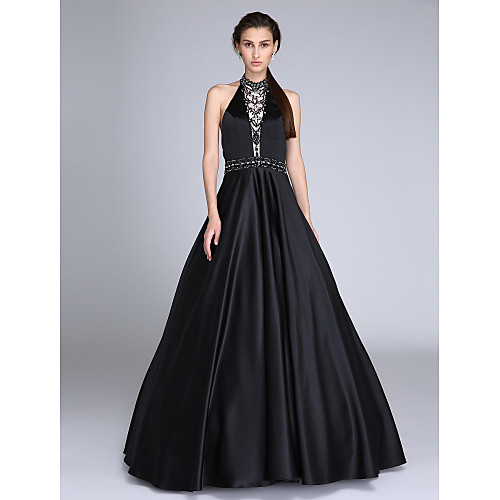 

Ball Gown Prom Dress Halter Neck Sleeveless Floor Length Satin with Sash / Ribbon Beading 2021