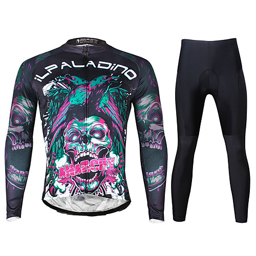 

ILPALADINO Men's Long Sleeve Cycling Jersey with Tights Winter Lycra Polyester Black Skull Bike Clothing Suit Breathable 3D Pad Quick Dry Ultraviolet Resistant Reflective Strips Sports Skull Mountain