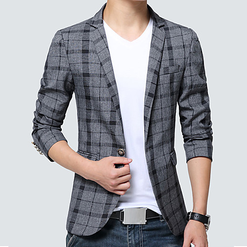 

Blue / Pink / Gray Plaid Slim Polyester Men's Suit - Notch lapel collar / Vintage / Fall / Spring / Long Sleeve / Vintage