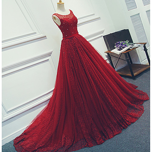 

Ball Gown Elegant Formal Evening Wedding Party Dress Illusion Neck Sleeveless Watteau Train Tulle Sheer Lace with Pearls 2021
