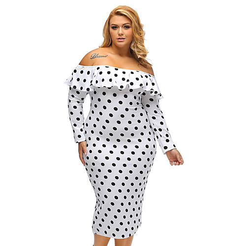

Women's Bodycon Knee Length Dress White Black Polka Dot Backless Summer Boat Neck Off Shoulder XL XXL 3XL / Plus Size