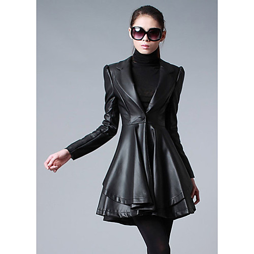 

Women's Solid Colored Ruffle Sophisticated Fall Notch lapel collar Faux Leather Jacket Long Daily Long Sleeve PU Coat Tops Black