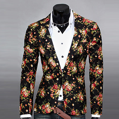 

Men's Daily Spring / Fall Regular Blazer, Floral Notch Lapel Long Sleeve Polyester Print Black / White / Gray / Slim