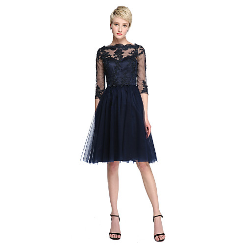 

A-Line Bateau Neck Knee Length Lace / Tulle Bridesmaid Dress with Appliques / Illusion Sleeve / See Through