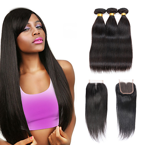 

3 Bundles with Closure Hair Weaves Brazilian Hair Silky Straight Human Hair Extensions Remy Human Hair 100% Remy Hair Weave Bundles 345 g Natural Color Hair Weaves / Hair Bulk Hair Weft with Closure