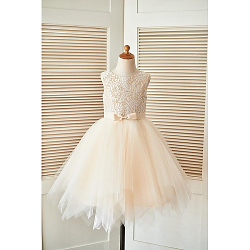 

A-Line Knee Length Pageant Flower Girl Dresses - Lace / Tulle Sleeveless Scoop Neck with Sash / Ribbon