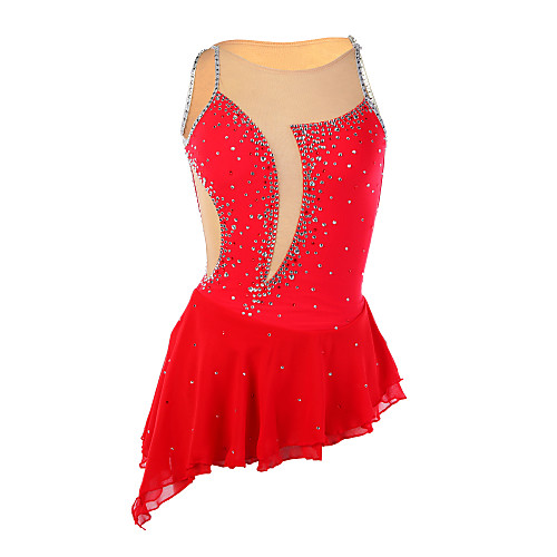 

Figure Skating Dress Women's Girls' Ice Skating Dress Red Asymmetric Hem Elastane High Elasticity Competition Skating Wear Handmade Patchwork Sleeveless Ice Skating Figure Skating