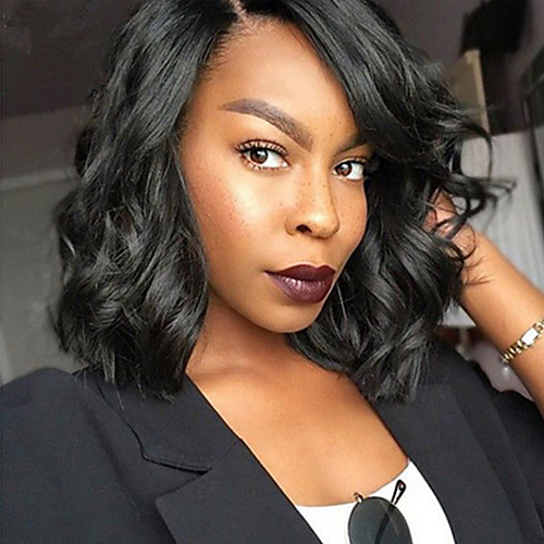 

Synthetic Wig Water Wave Kardashian Water Wave Bob Wig Medium Length Jet Black Synthetic Hair Women's Side Part African American Wig Black