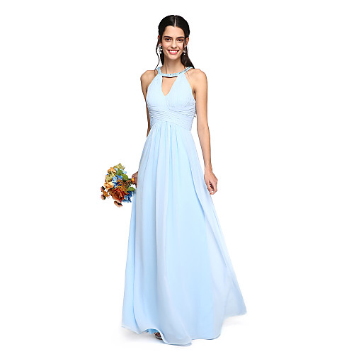 

A-Line Jewel Neck Floor Length Georgette Bridesmaid Dress with Criss Cross / Beading / Draping