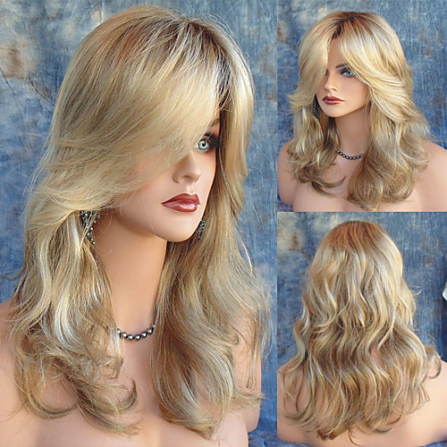 

Synthetic Wig Natural Wave Natural Wave With Bangs Wig Blonde Long Light Blonde Synthetic Hair Women's Heat Resistant Dark Roots Side Part Blonde