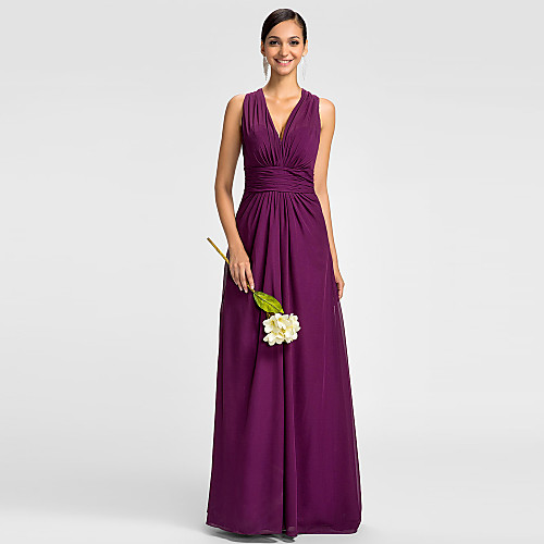 

A-Line V Neck Floor Length Chiffon Bridesmaid Dress with Ruched / Side Draping