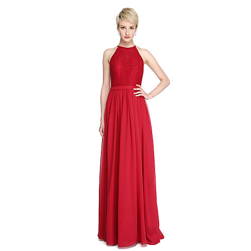 

Sheath / Column Jewel Neck Floor Length Chiffon / Lace Bridesmaid Dress with Lace / Sash / Ribbon