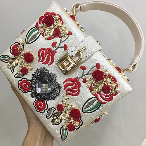 

Women's Bags PU Leather Metal Crystal / Rhinestone Flower Artwork Floral Print Wedding Event / Party Formal Leather Bags Handbags White