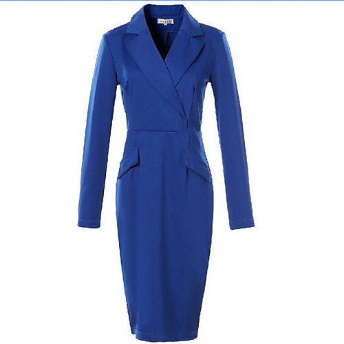 

Women's Bodycon Short Mini Dress Black Royal Blue Long Sleeve Solid Colored Spring Notch lapel collar Cotton S M L XL XXL 3XL 4XL / Plus Size