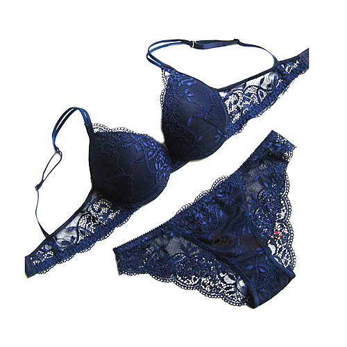 

Women's Push-up Lace Bras Underwire Bra 5/8 cup Bras & Panties Sets Solid Colored Cotton Blue