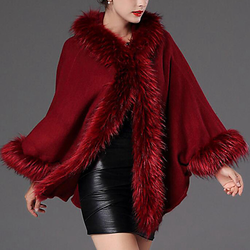 

Women's Solid Colored Fur Trim Vintage Fall Coat Party Long Sleeve Coat Tops Wine