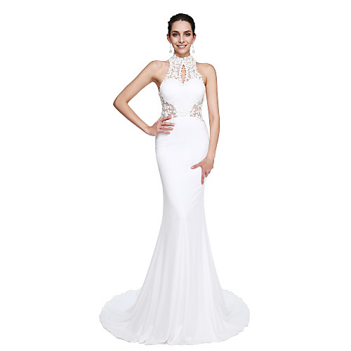 

Mermaid / Trumpet Beautiful Back Chinese Style Keyhole Prom Formal Evening Dress Illusion Neck Sleeveless Court Train Jersey with Beading Appliques 2021