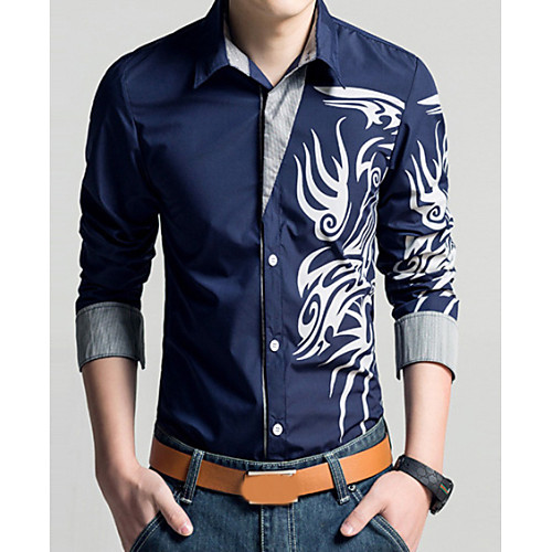 

Men's Plus Size Geometric Tribal Print Slim Shirt Vintage Daily Classic Collar White / Black / Purple / Yellow / Red / Light Green / Navy Blue / Light Blue / Spring / Fall / Long Sleeve