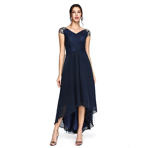 

Sheath / Column Minimalist Elegant Open Back Prom Formal Evening Dress V Neck Short Sleeve Asymmetrical Tulle with Criss Cross Pleats Beading 2021