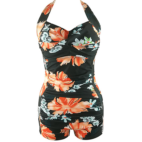 

Women's Plus Size Vintage Halter Neck Boy Leg One-piece Swimwear Swimsuit - Floral Print M L XL Yellow Green / Sexy