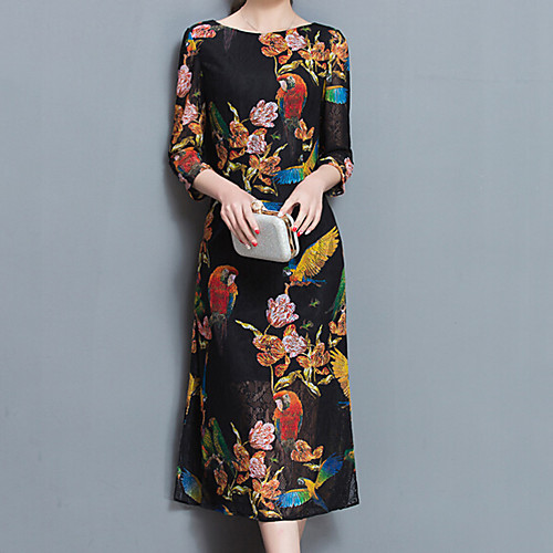 

Women's Shift Dress Midi Dress Black Jacquard Round Neck Chinoiserie M L XL XXL 3XL 4XL 5XL / Plus Size