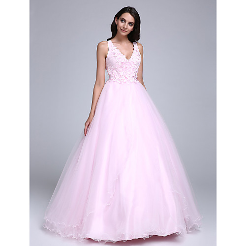 

Ball Gown Formal Evening Dress V Neck Sleeveless Floor Length Tulle with Beading Flower 2021