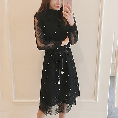 

Women's Shift Dress Knee Length Dress Black Long Sleeve Black Solid Colored Summer Stand Collar Lace L XL XXL 3XL / Plus Size