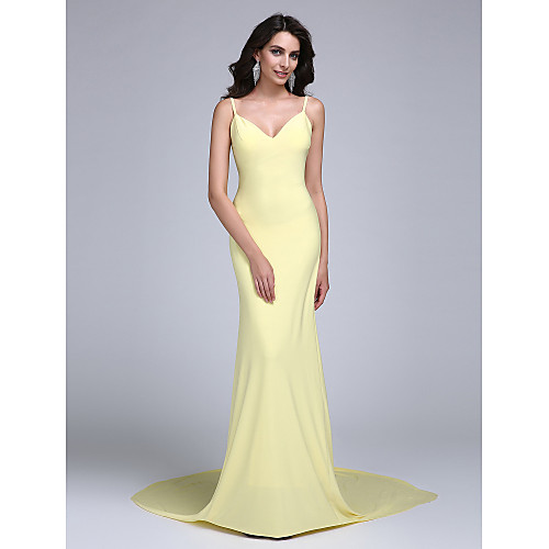 

Sheath / Column Celebrity Style Prom Dress Spaghetti Strap Sleeveless Court Train Jersey with Pleats 2021