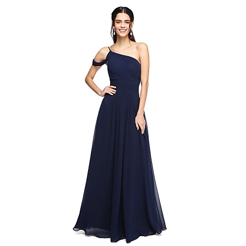 

A-Line One Shoulder Floor Length Chiffon Bridesmaid Dress with Pleats