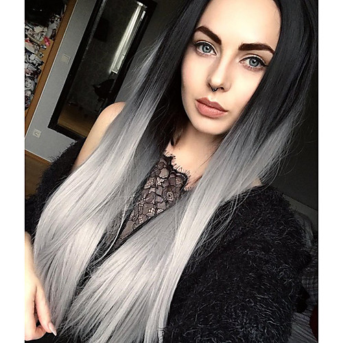 

Synthetic Wig Straight Straight Wig Long Grey Synthetic Hair Women's Ombre Hair Dark Roots Middle Part Gray StrongBeauty
