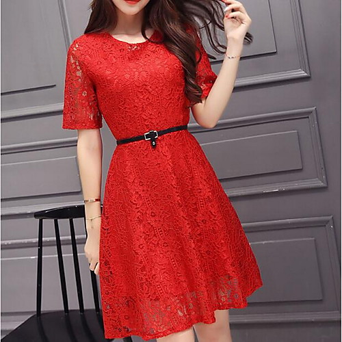 

Women's Lace Knee Length Dress Black Purple Red Yellow Blushing Pink Green Gray Short Sleeve Dusty Rose Floral Solid Colored Summer Round Neck Cotton Lace S M L XL XXL 3XL 4XL / Plus Size